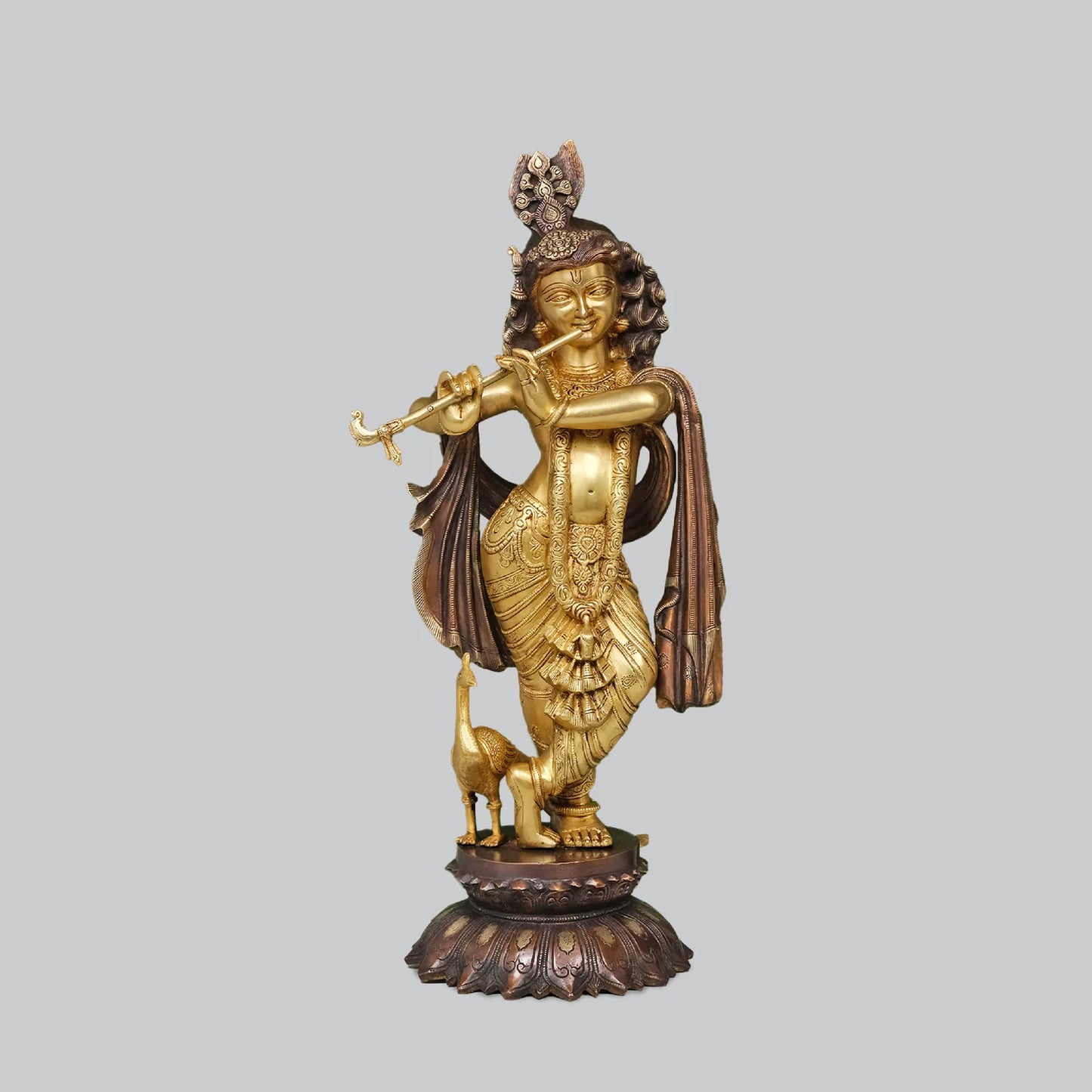 Brassaura® Lord Krishna Playing Flute with Peacock | Two-Tone Finish Brass Sculpture | Height 27 Inches & Weight 18.55 Kgs