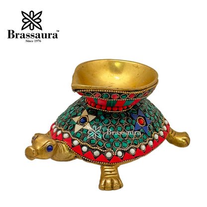 Brass Gem Stone Work Turtle Diya Idol for Home and Decor Weight 1.4 Kg Height 8 cm