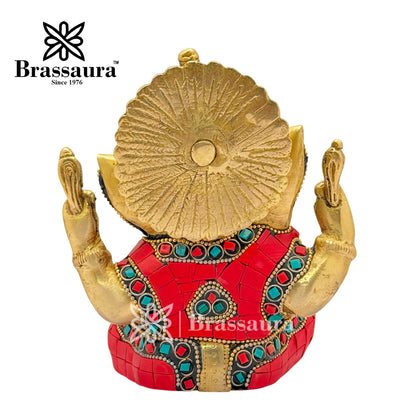 Brass Beautiful Gem Stone Work Ganesha Idol for Home and Decor Weight 1.6 Kg Height 14 cm