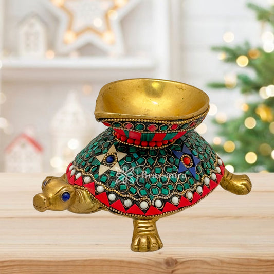 Brass Gem Stone Work Turtle Diya Idol for Home and Decor Weight 1.4 Kg Height 8 cm