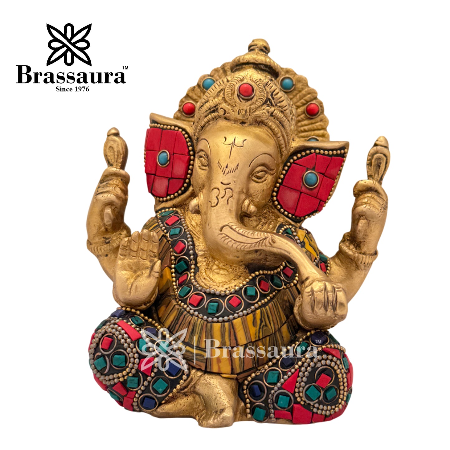 Brass Gem Stone Work Ganesha Idol for Home and Decor Weight 1.6 Kg Height 14 cm