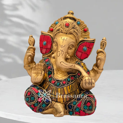 Brass Gem Stone Work Ganesha Idol for Home and Decor Weight 1.6 Kg Height 14 cm