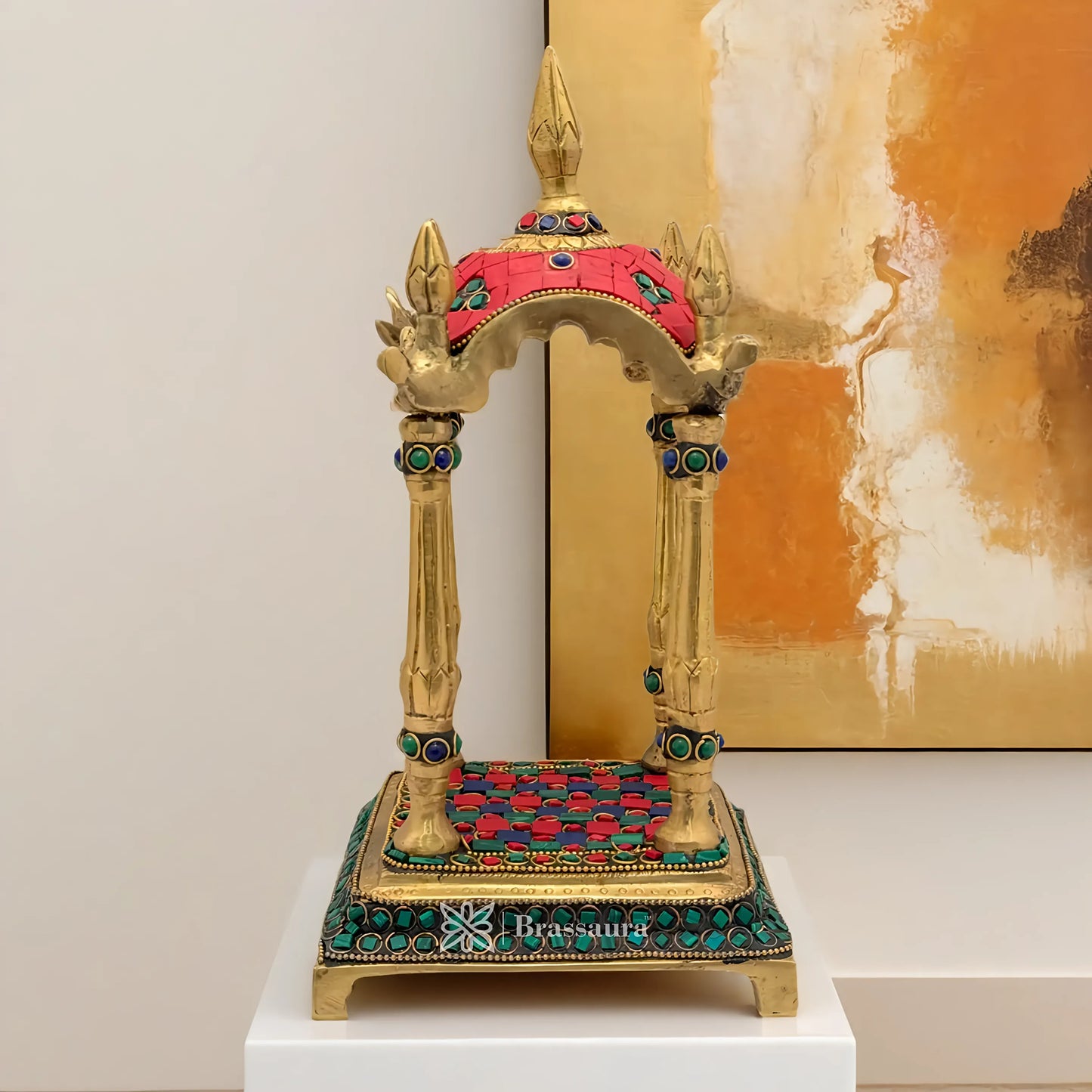 Brassaura™ Brass Gem Stone Work Temple Statue – Height 10.4 Inches & Weight 2.3 Kgs | Handcrafted Temple Sculpture,