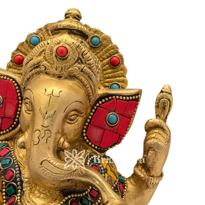 Brass Gem Stone Work Ganesha Idol for Home and Decor Weight 1.6 Kg Height 14 cm