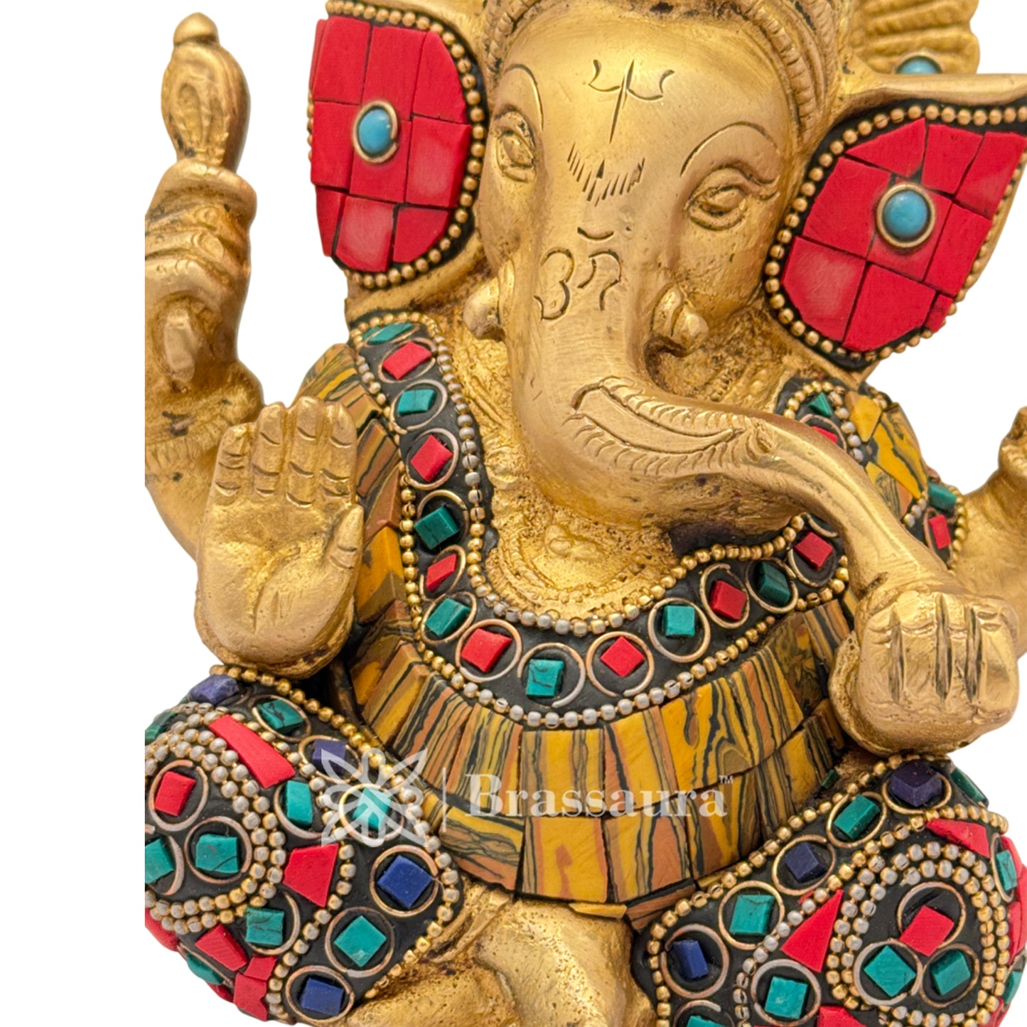 Brass Gem Stone Work Ganesha Idol for Home and Decor Weight 1.6 Kg Height 14 cm