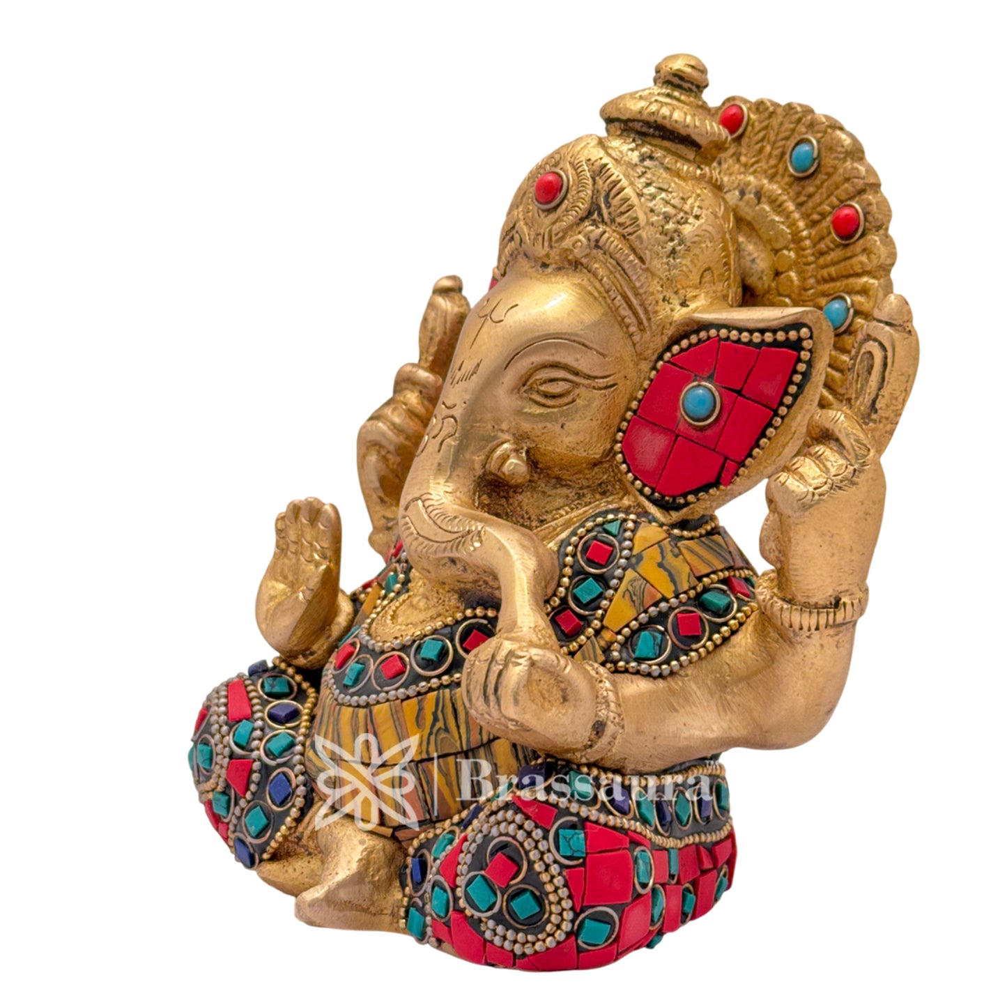 Brass Gem Stone Work Ganesha Idol for Home and Decor Weight 1.6 Kg Height 14 cm