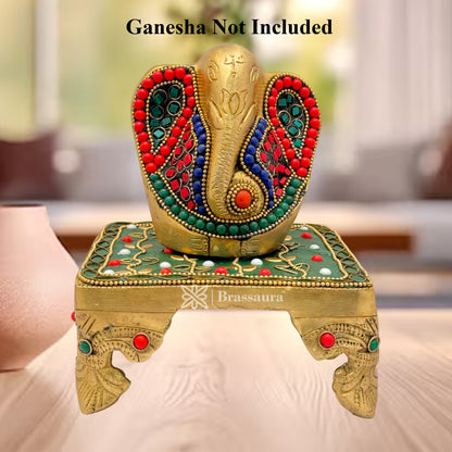 Brass Gem Stone Work Chowki Idol for Home and Decor Weight 1.1 Kg Height 6 cm