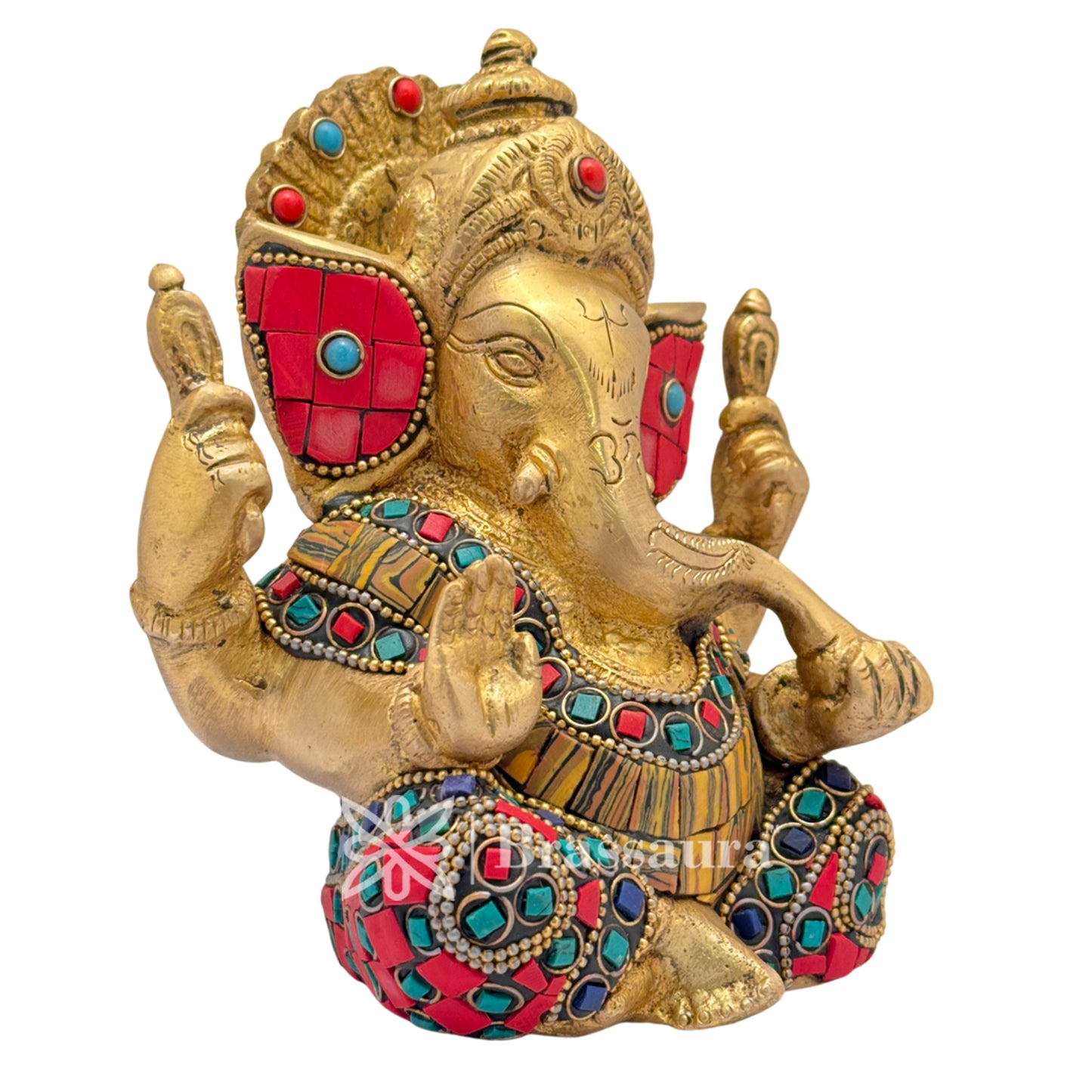 Brass Gem Stone Work Ganesha Idol for Home and Decor Weight 1.6 Kg Height 14 cm