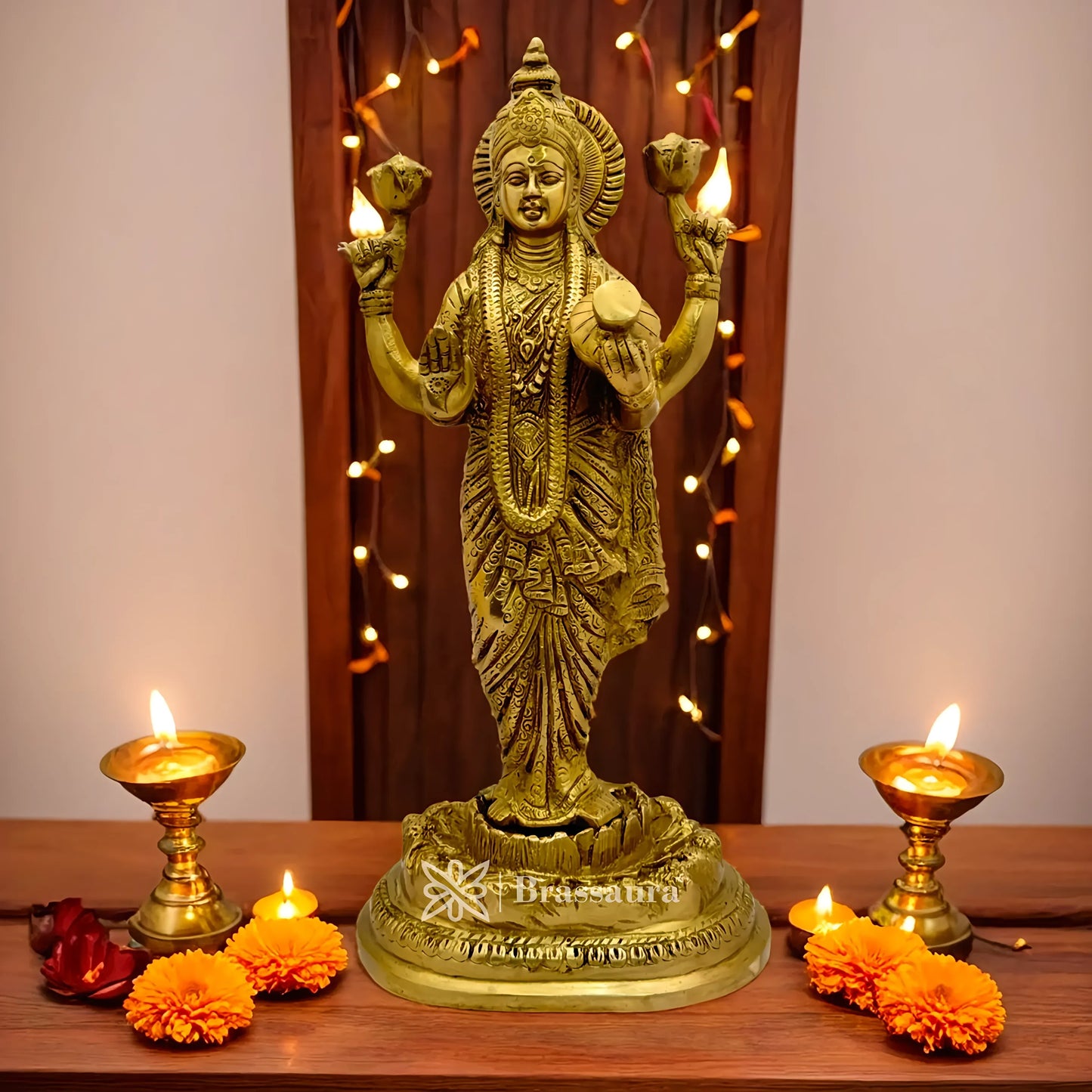 Brassaura™ Artistic Brass Laxmi Idol – Height 18 Inches & Weight 7 Kgs | Home & Puja Décor