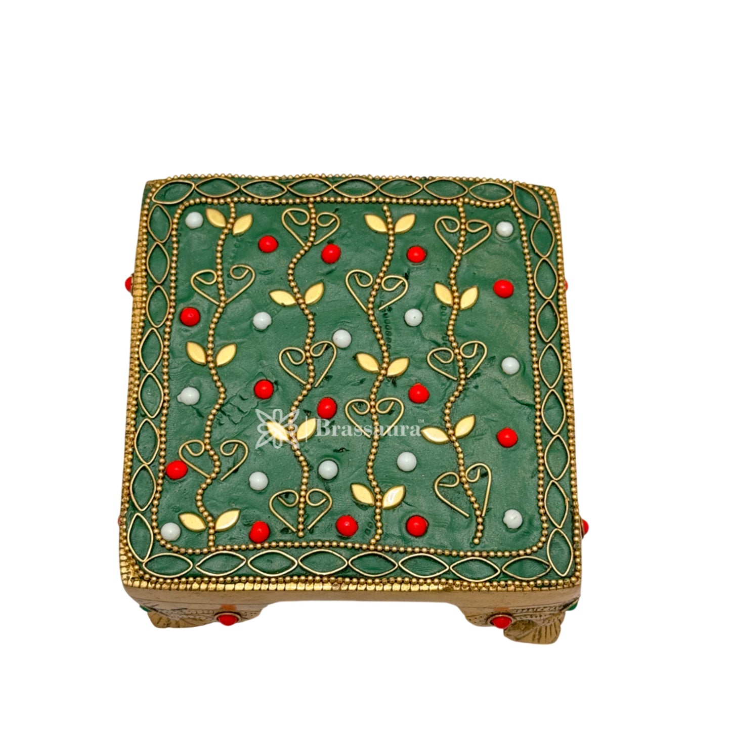 Brassaura™ Brass Gem Stone Work Chowki Idol – Height 2.4 Inches & Weight 1.1 Kgs | Home Temple & Spiritual Décor