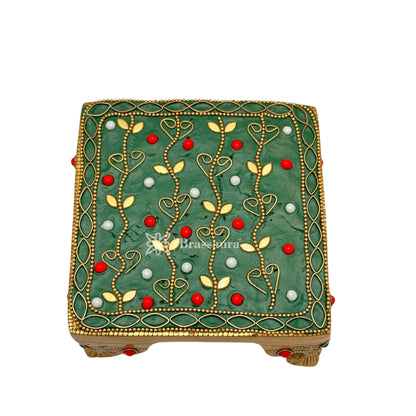 Brassaura™ Brass Gem Stone Work Chowki Idol – Height 2.4 Inches & Weight 1.1 Kgs | Home Temple & Spiritual Décor