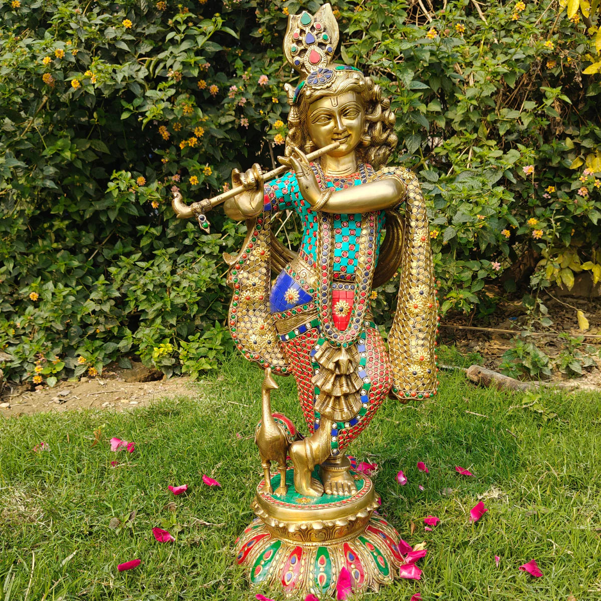Brassaura® Brass Large Krishna Statue with Stone Work | Height 26.5 Inches