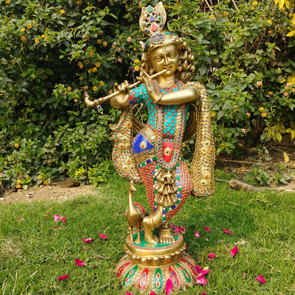 Brassaura® Brass Large Krishna Statue with Stone Work | Height 26.5 Inches