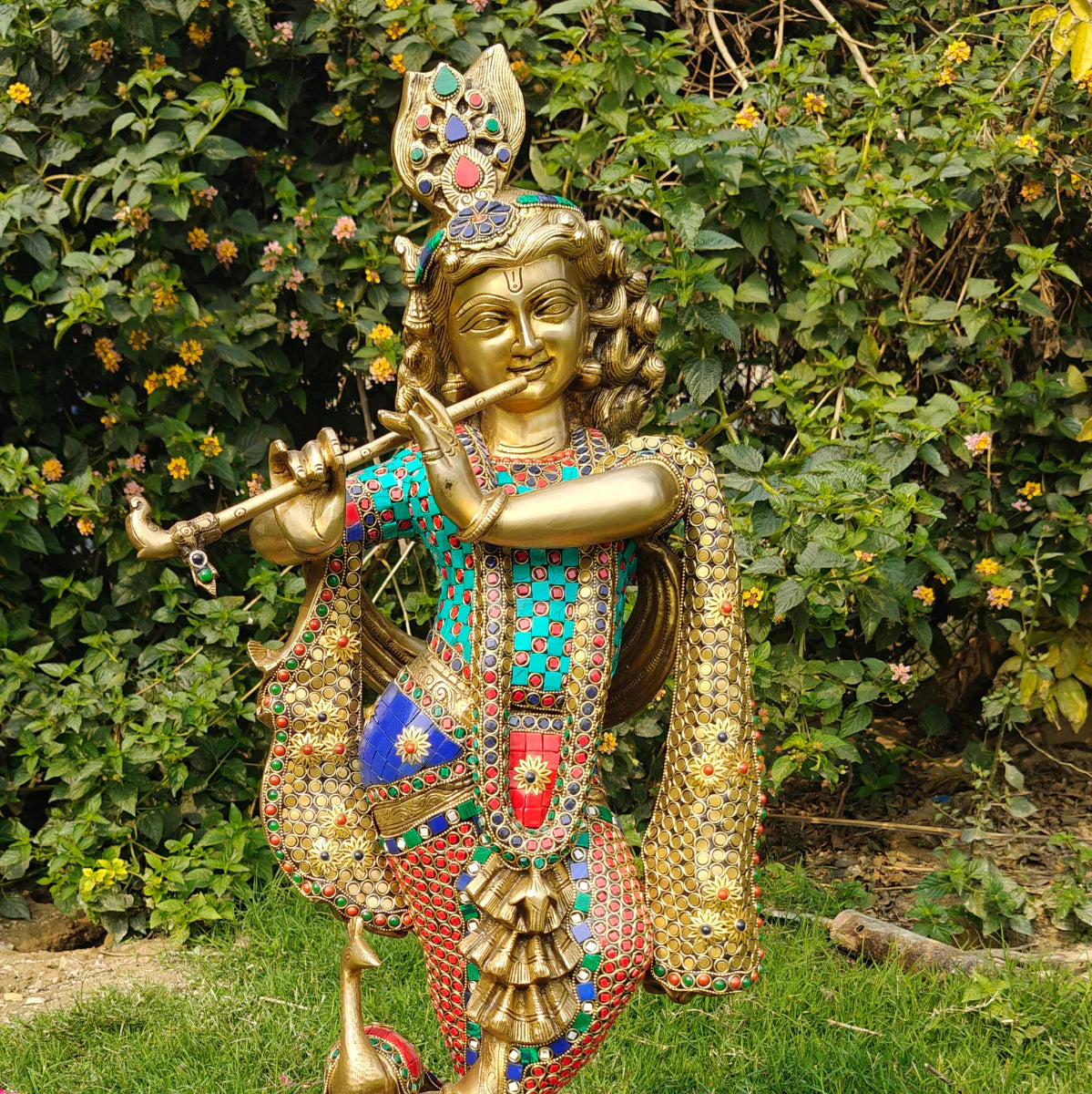 Brassaura® Brass Large Krishna Statue with Stone Work | Height 26.5 Inches