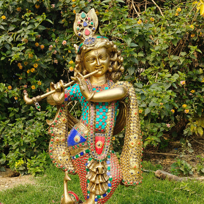 Brassaura® Brass Large Krishna Statue with Stone Work | Height 26.5 Inches