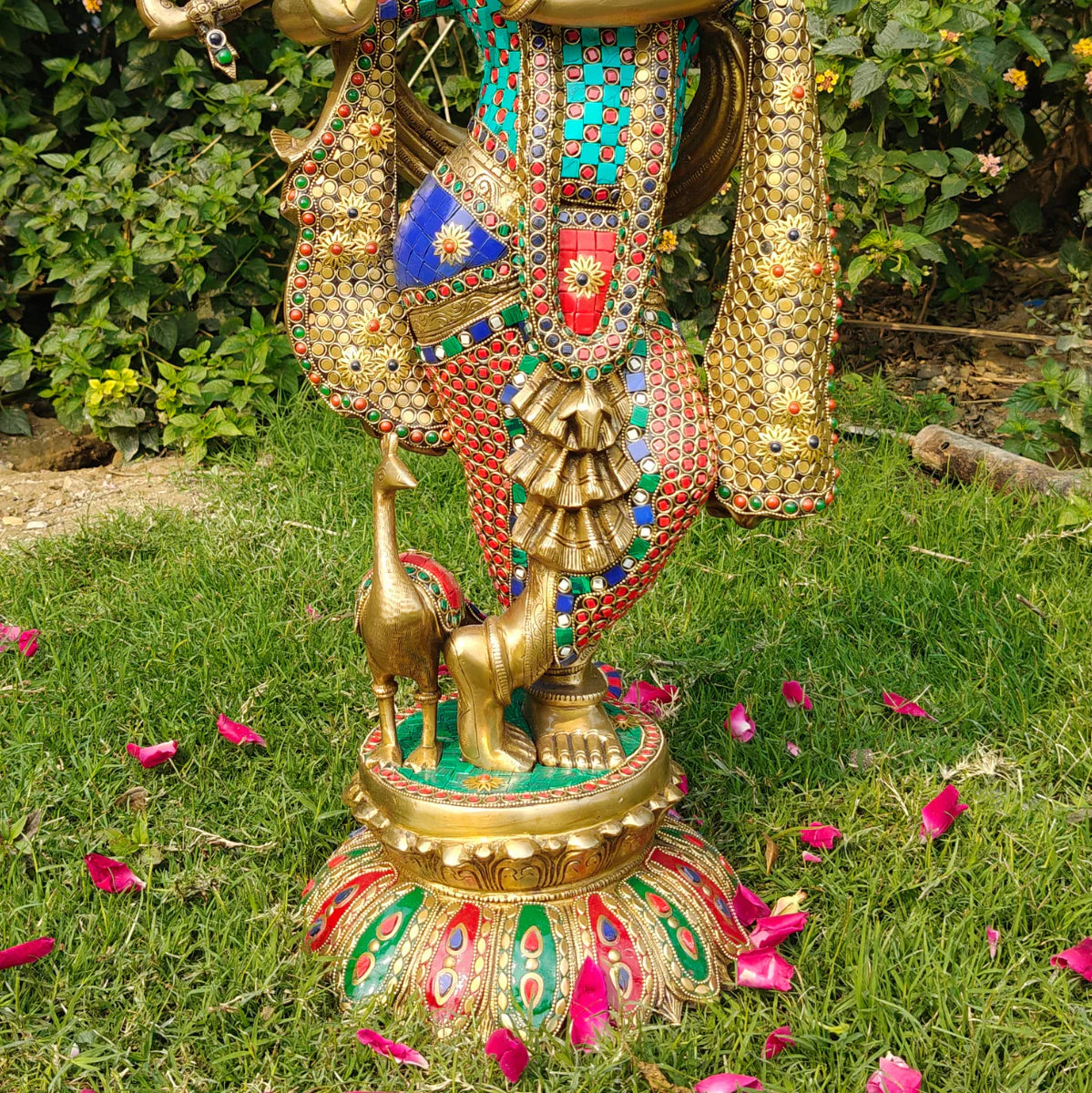 Brassaura® Brass Large Krishna Statue with Stone Work | Height 26.5 Inches