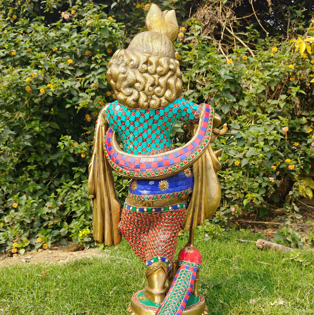 Brassaura® Brass Large Krishna Statue with Stone Work | Height 26.5 Inches
