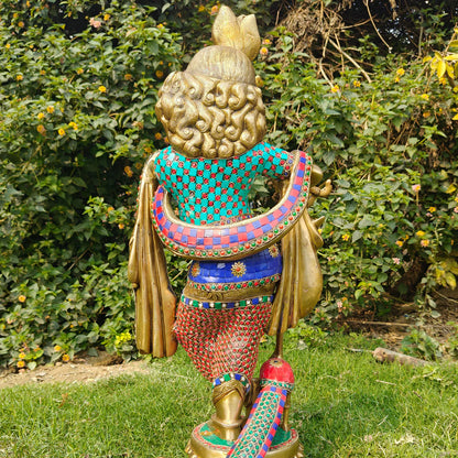Brassaura® Brass Large Krishna Statue with Stone Work | Height 26.5 Inches
