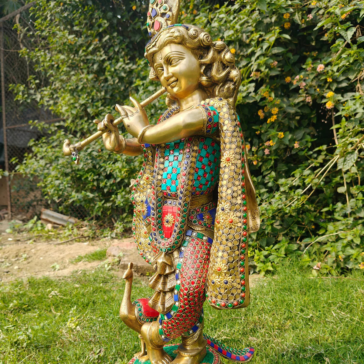Brassaura® Brass Large Krishna Statue with Stone Work | Height 26.5 Inches