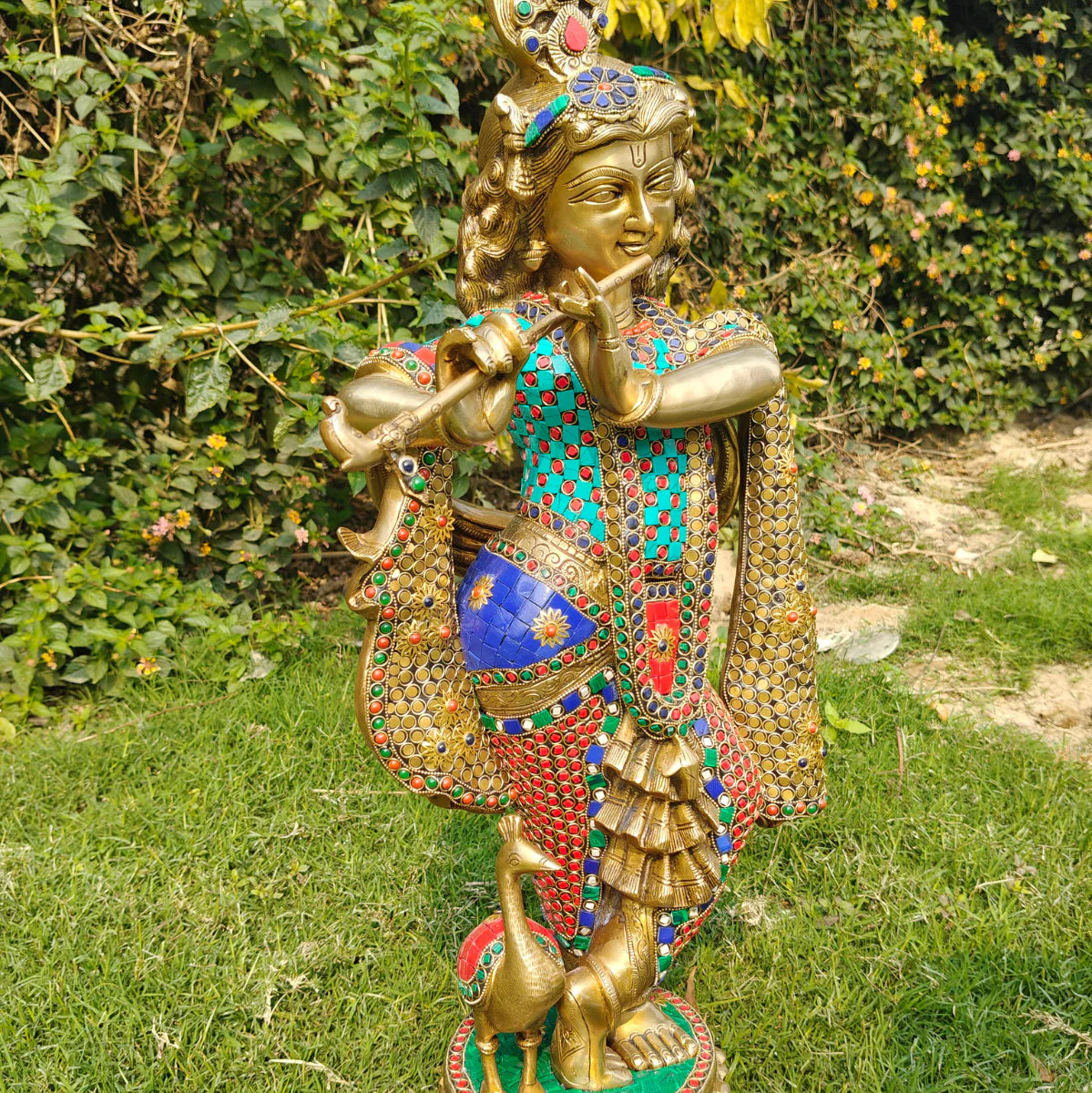 Brassaura® Brass Large Krishna Statue with Stone Work | Height 26.5 Inches