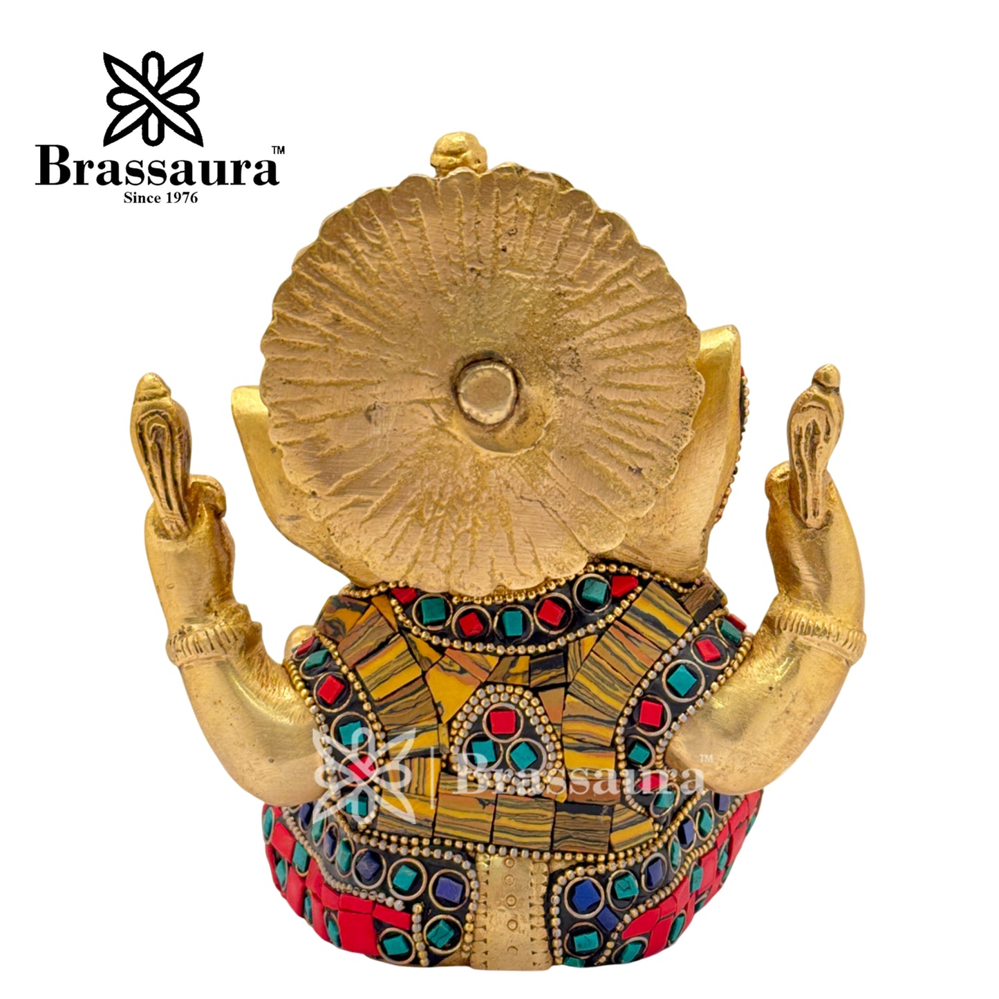 Brass Gem Stone Work Ganesha Idol for Home and Decor Weight 1.6 Kg Height 14 cm