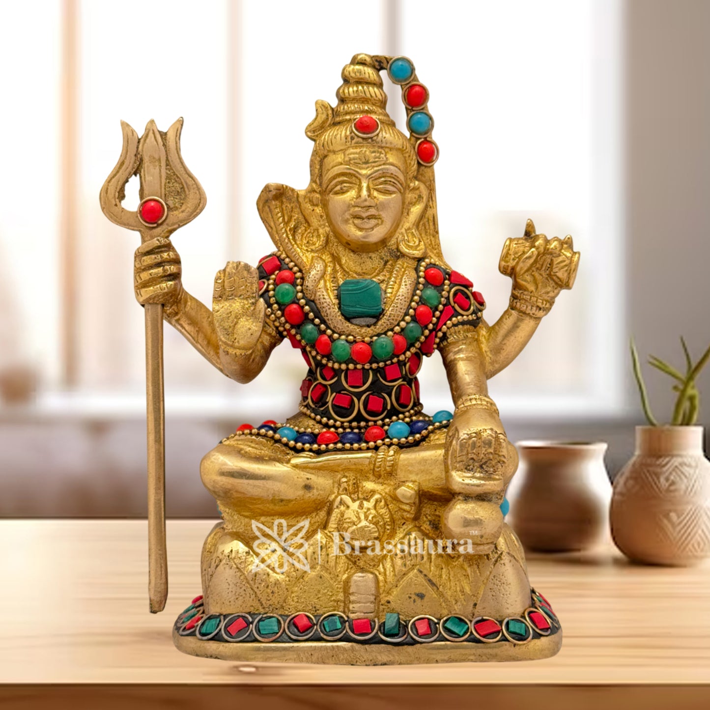 Brass Gem Stone Work Shiva Idol for Home and Decor Weight 1.1 Kg Height 14 cm