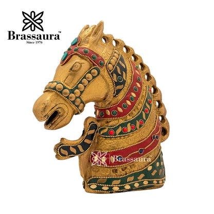 Brass Gem Stone Work Horse Head Idol for Home and Decor Weight 2.5 Kg Height 21 cm