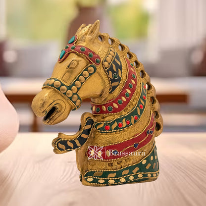 Brass Gem Stone Work Horse Head Idol for Home and Decor Weight 2.5 Kg Height 21 cm