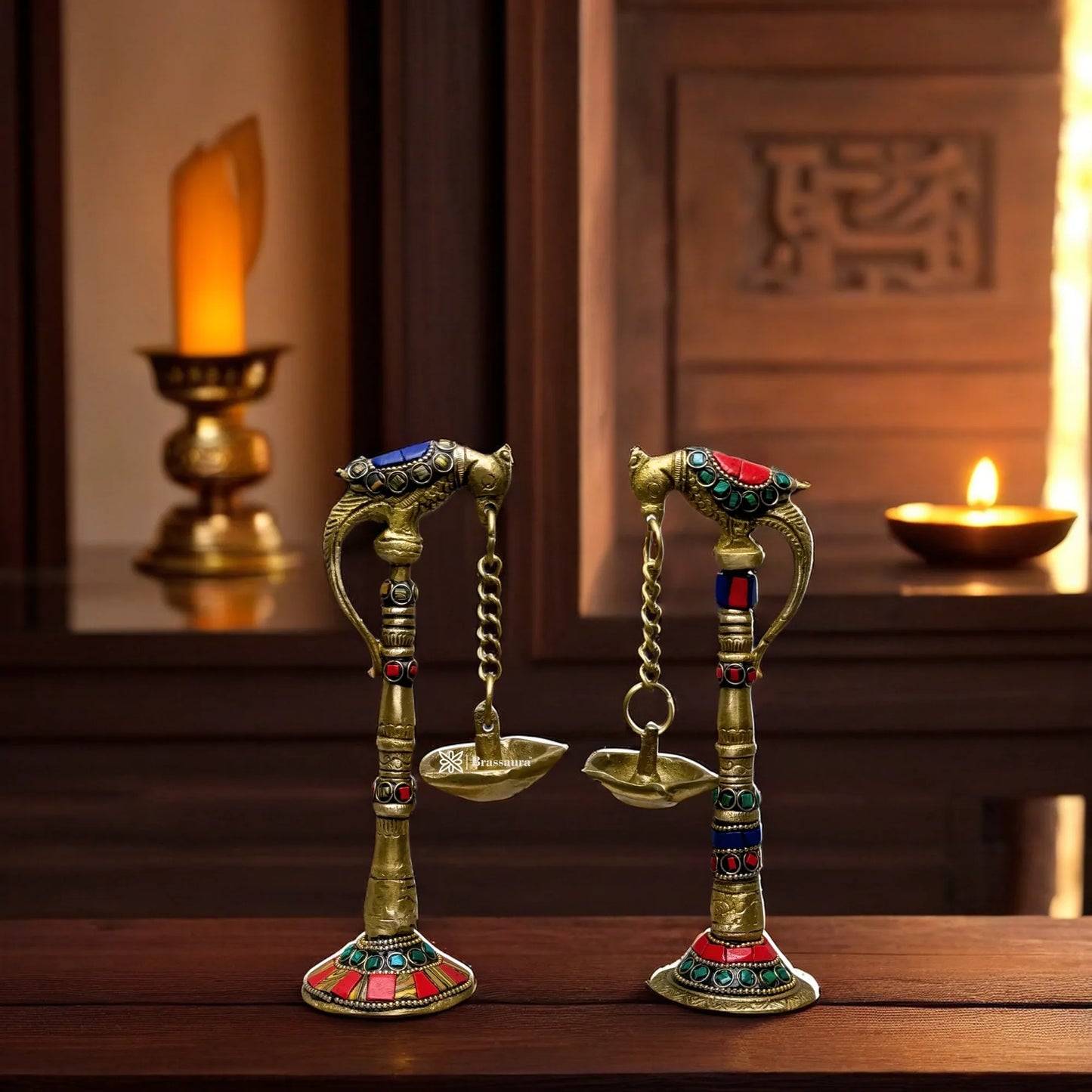 Brass Gem Stone Work 2 Pcs Parrot Diya for Home and Decor Weight 1.56 Kg Height 8.3 inch