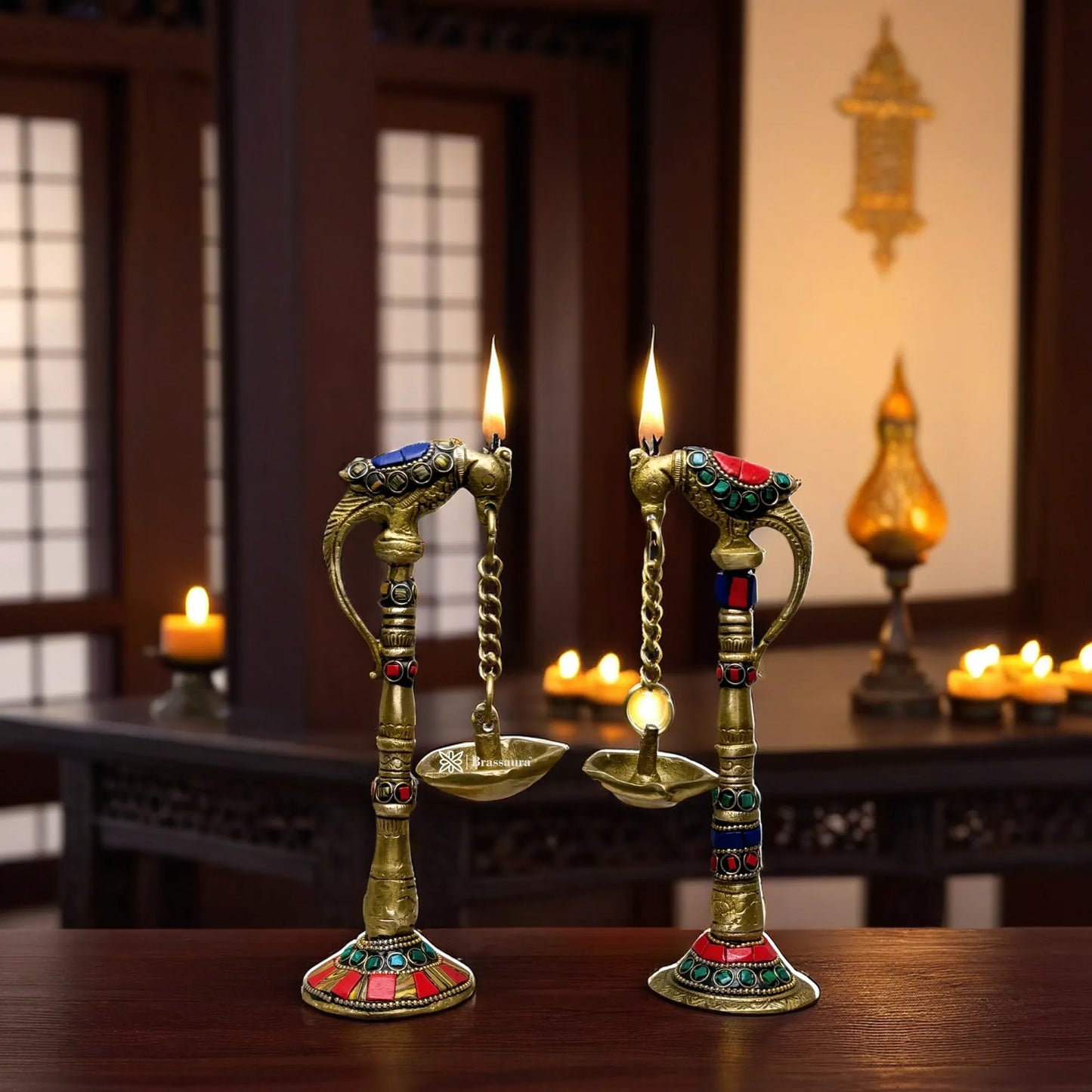 Brass Gem Stone Work 2 Pcs Parrot Diya for Home and Decor Weight 1.56 Kg Height 8.3 inch