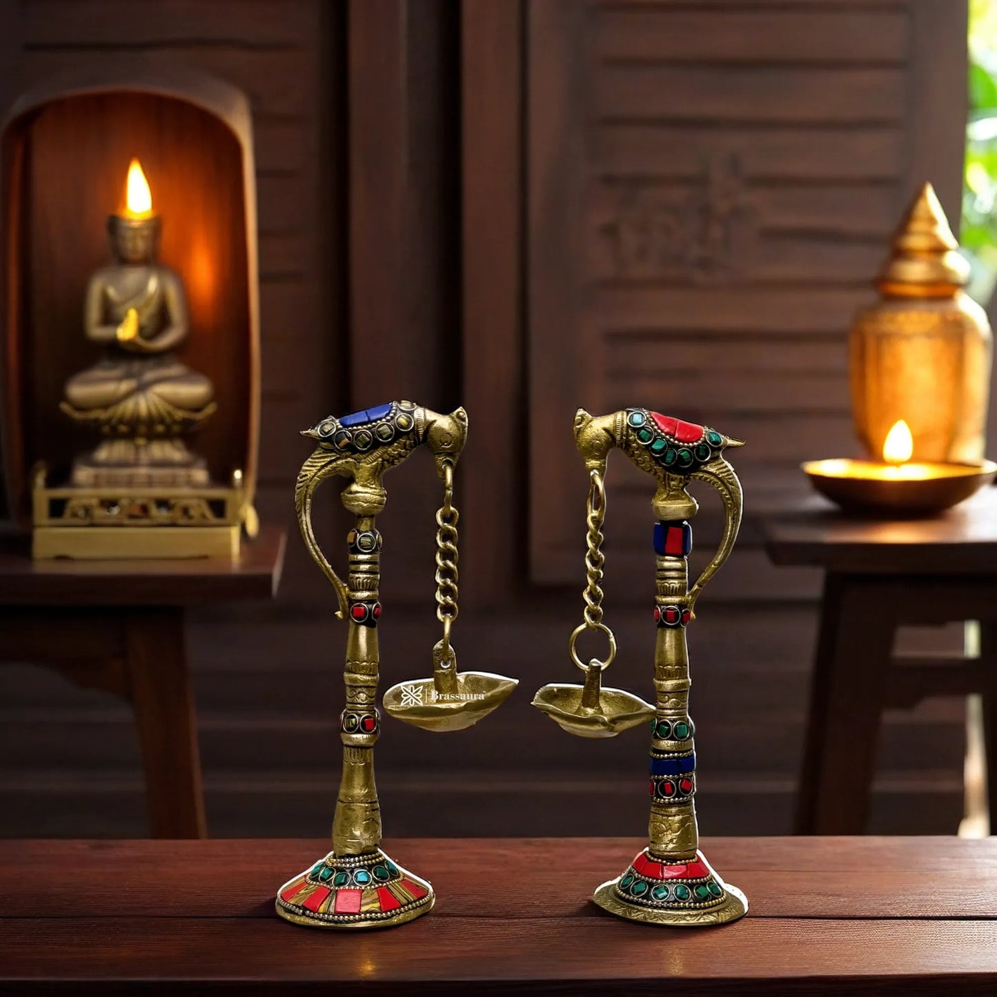 Brass Gem Stone Work 2 Pcs Parrot Diya for Home and Decor Weight 1.56 Kg Height 8.3 inch