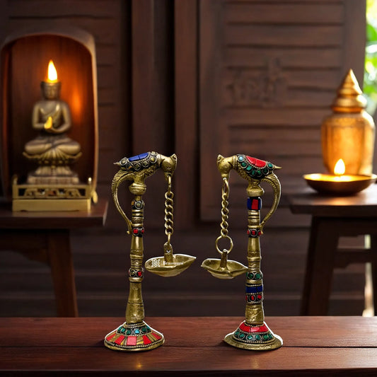 Brass Gem Stone Work 2 Pcs Parrot Diya for Home and Decor Weight 1.56 Kg Height 8.3 inch
