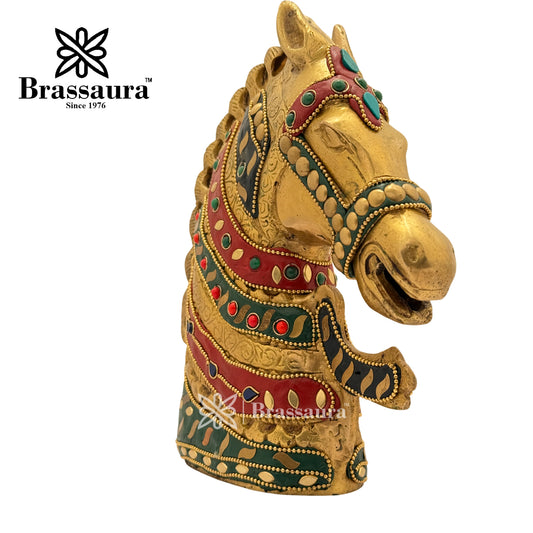 Brassaura® Brass Horse Head Idol with Gem Stone Work | Handcrafted Decorative Showpiece | Height 8.3 Inches & Weight 2.5 Kgs