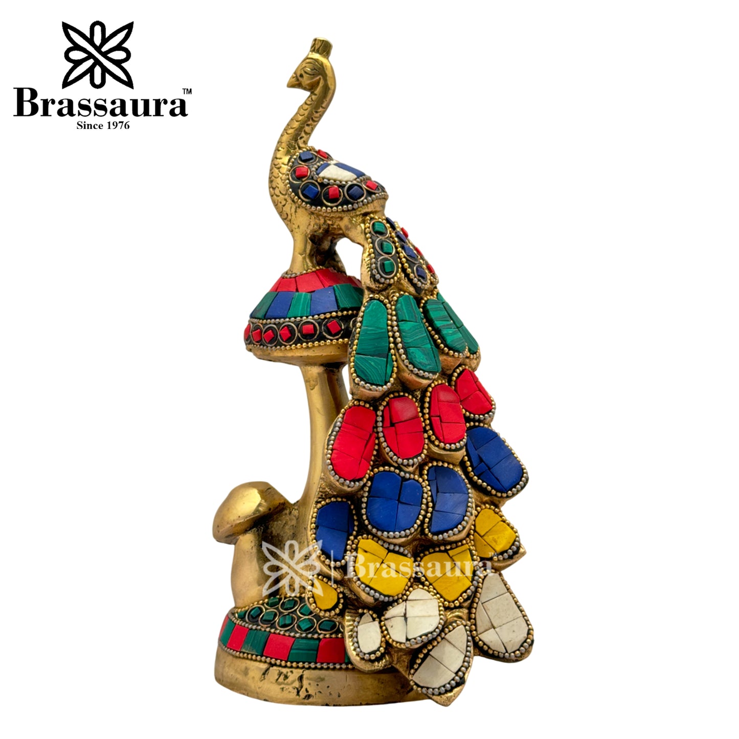 Brass Gem Stone Work Peacock Idol for Home and Decor Weight 1.7 Kg Height 22 cm