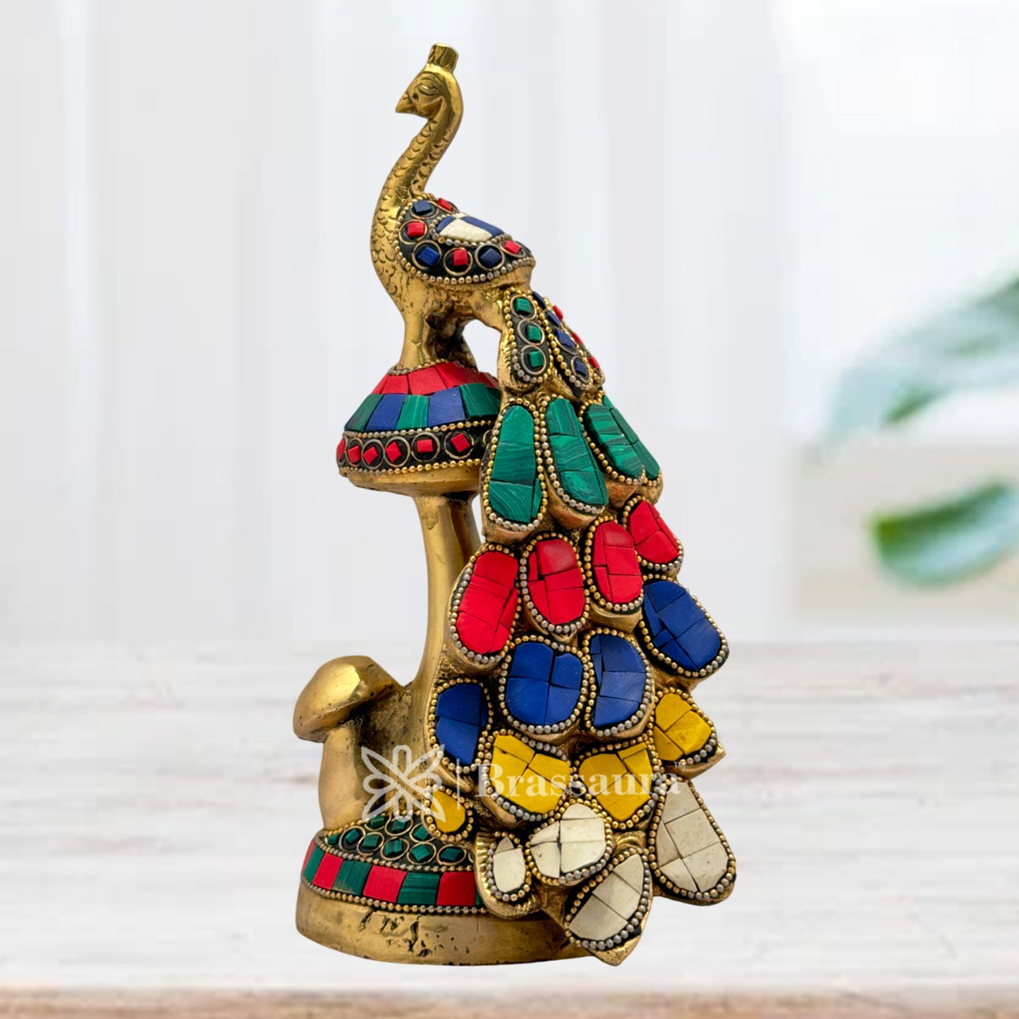 Brass Gem Stone Work Peacock Idol for Home and Decor Weight 1.7 Kg Height 22 cm