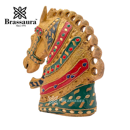 Brass Gem Stone Work Horse Head Idol for Home and Decor Weight 2.5 Kg Height 21 cm