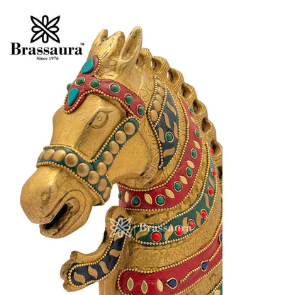 Brass Gem Stone Work Horse Head Idol for Home and Decor Weight 2.5 Kg Height 21 cm