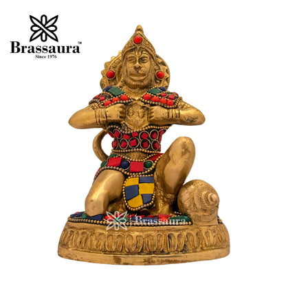 Brass Gem Stone Work Anjaneyasana Hanuman Idol for Home and Decor Weight 1.1 Kg Height 14 cm