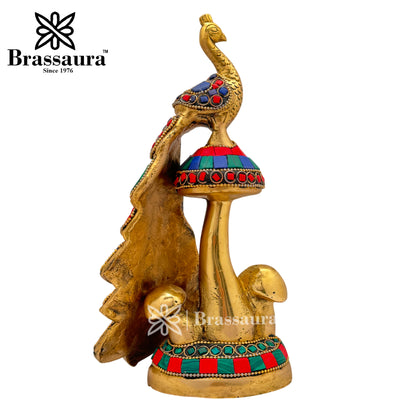 Brass Gem Stone Work Peacock Idol for Home and Decor Weight 1.7 Kg Height 22 cm