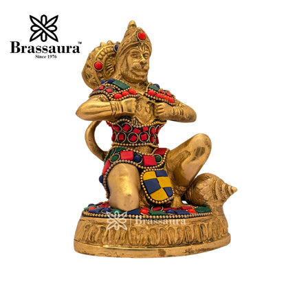 Brass Gem Stone Work Anjaneyasana Hanuman Idol for Home and Decor Weight 1.1 Kg Height 14 cm