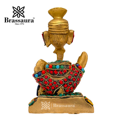 Brass Gem Stone Work Modern Ganesha Idol for Home and Decor Weight 1.1 Kg Height 15 cm