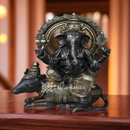 Brassaura™ Brass Ganesha with Mouse Statue for Home and Decor | Weight 15 Kgs | Height 16 Inches