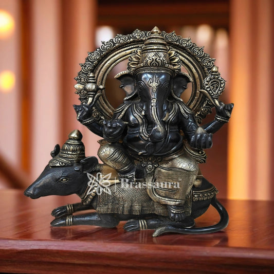 Brassaura™ Brass Ganesha with Mouse Statue for Home and Decor | Weight 15 Kgs | Height 16 Inches