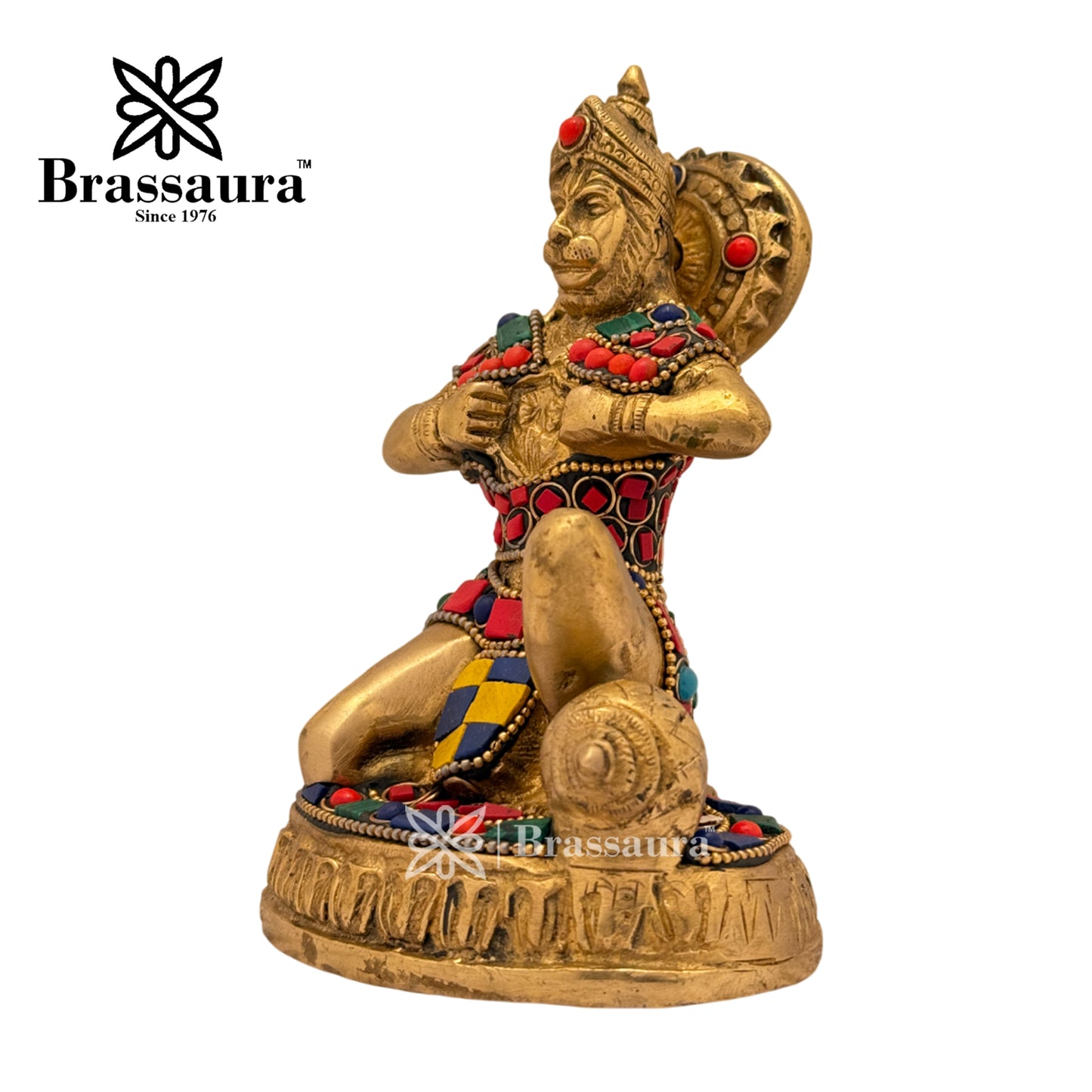 Brass Gem Stone Work Anjaneyasana Hanuman Idol for Home and Decor Weight 1.1 Kg Height 14 cm