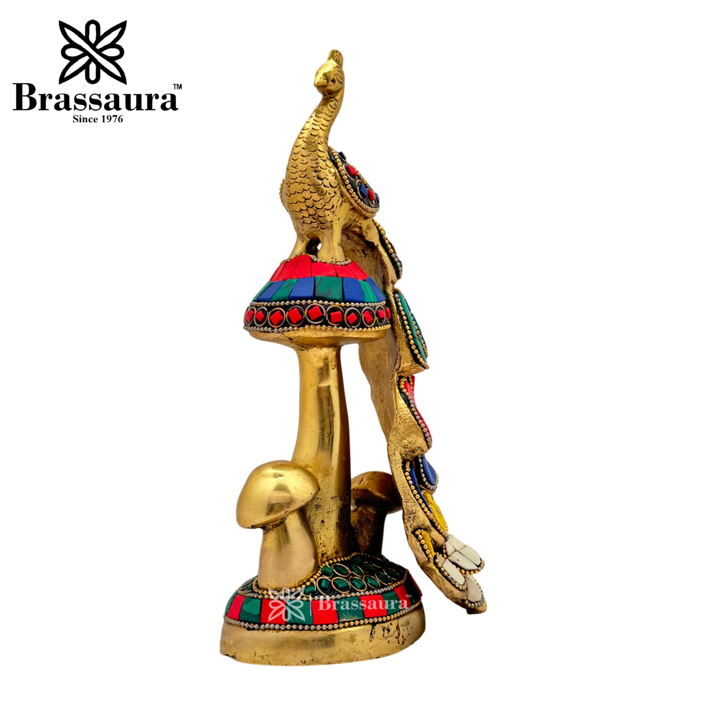 Brass Gem Stone Work Peacock Idol for Home and Decor Weight 1.7 Kg Height 22 cm