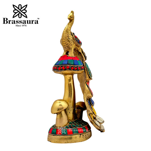 Brassaura® Brass Peacock Idol with Gem Stone Work | Handcrafted Decorative Showpiece | Height 8.7 Inches & Weight 1.7 Kgs