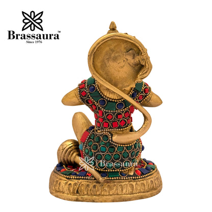 Brass Gem Stone Work Anjaneyasana Hanuman Idol for Home and Decor Weight 1.1 Kg Height 14 cm