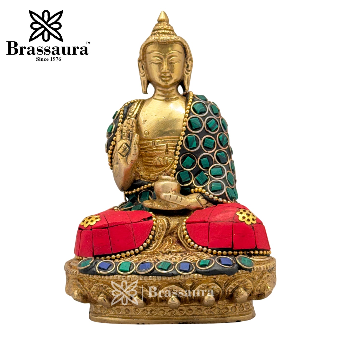 Brass Gem Stone Work Meditative Buddha Idol for Home and Decor Weight .7 Kg Height 12 cm