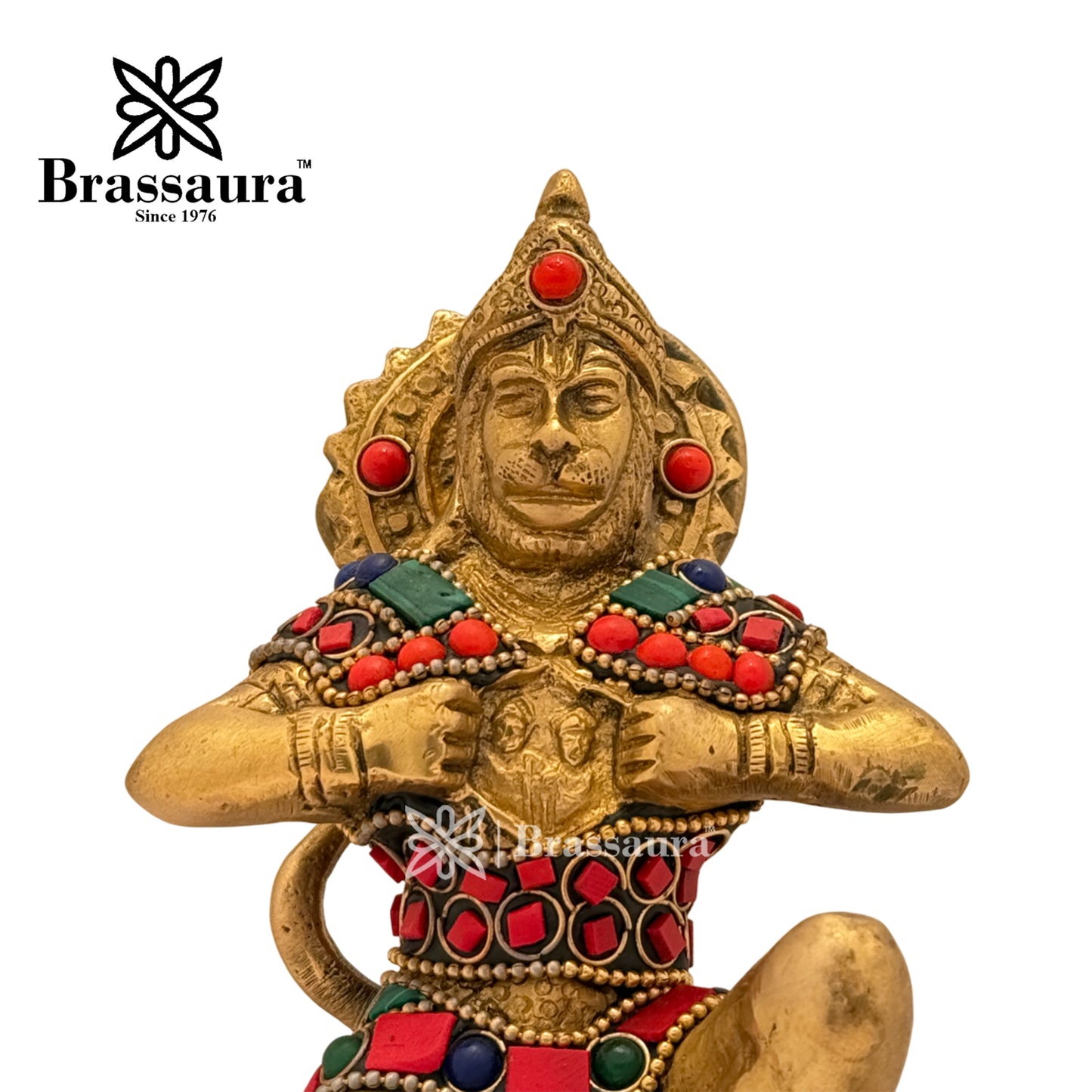 Brass Gem Stone Work Anjaneyasana Hanuman Idol for Home and Decor Weight 1.1 Kg Height 14 cm