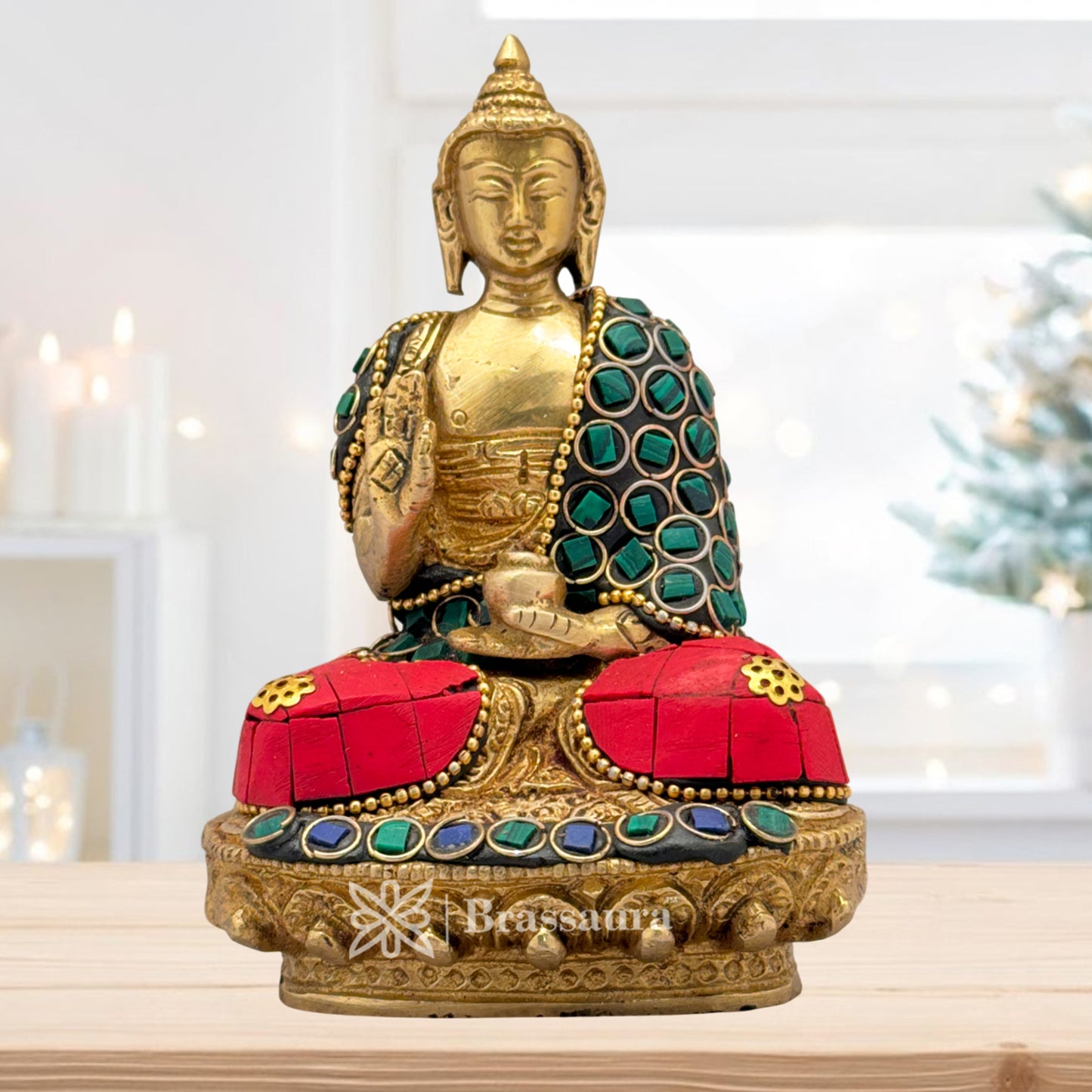 Brass Gem Stone Work Meditative Buddha Idol for Home and Decor Weight .7 Kg Height 12 cm